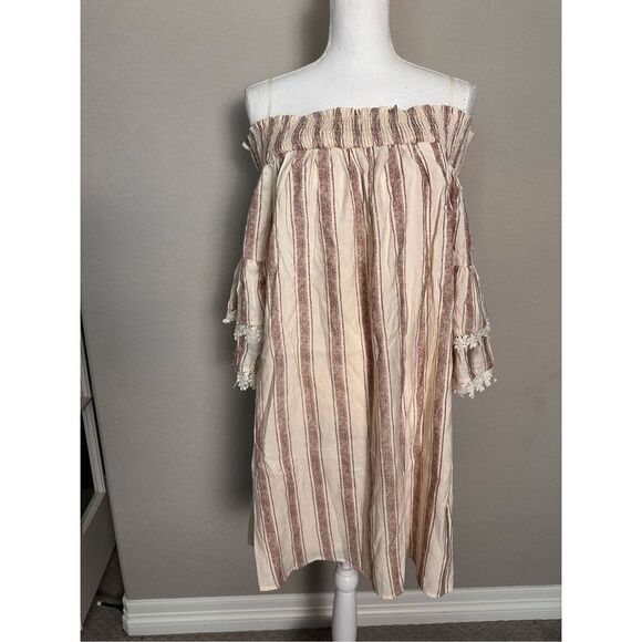 NWT Altar’d State Rust Ivory Off Shoulder Striped Lace Trim Dress Large - Picture 1 of 6